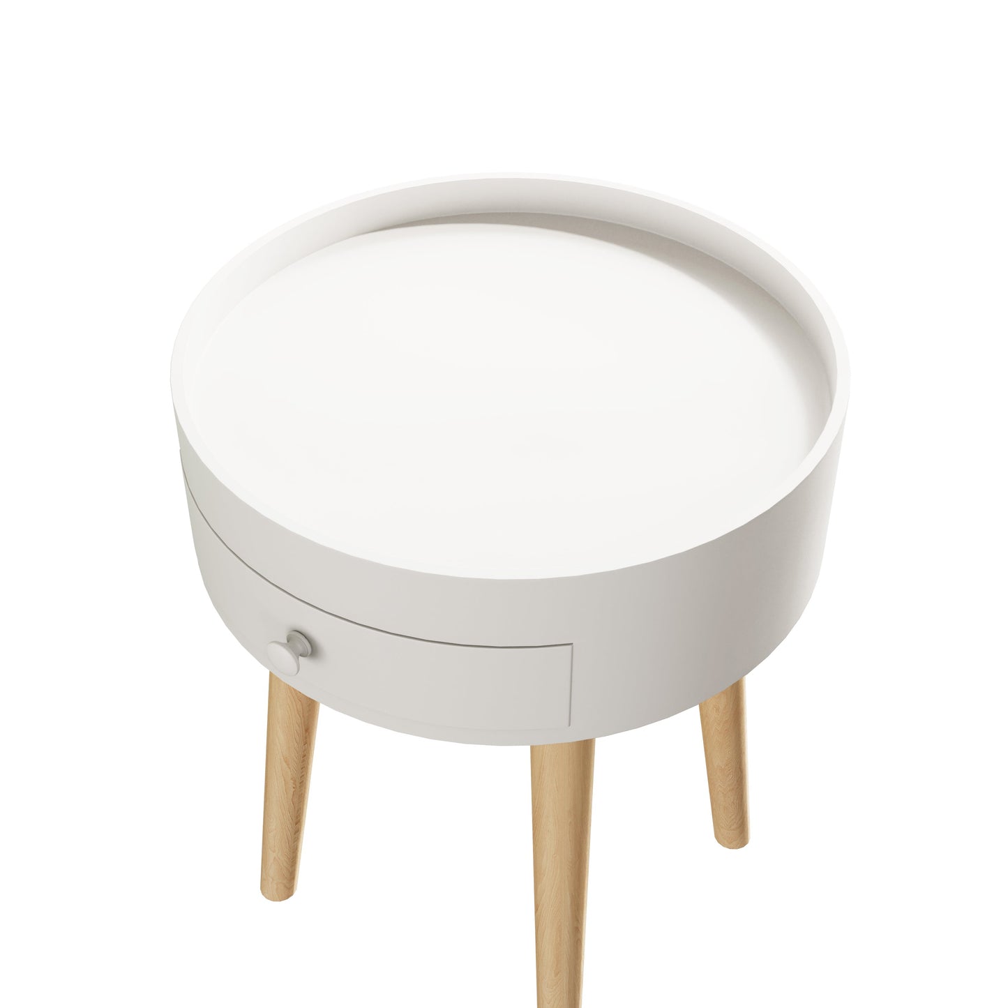 18"H Nightstand with Storage Drawer & Oak Legs Bedside Table, Sofa Side Coffee Table for Bedroom, Living Room, White