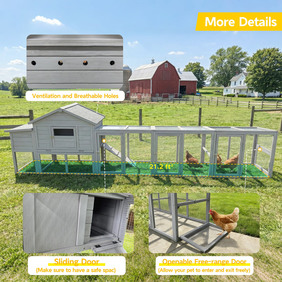 141" Gray Large Wooden Chicken Coop