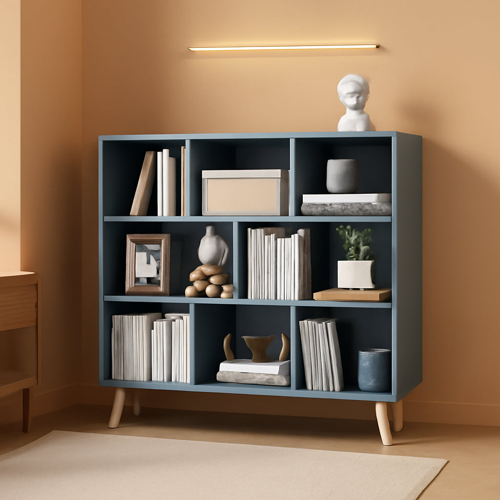 Blue Wood Open Shelf Bookcase 3 Tier 8 Cube Storage