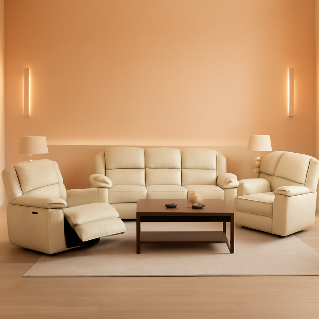 Beige Leather Recliner Sofa Set With Storage And Cup Holder