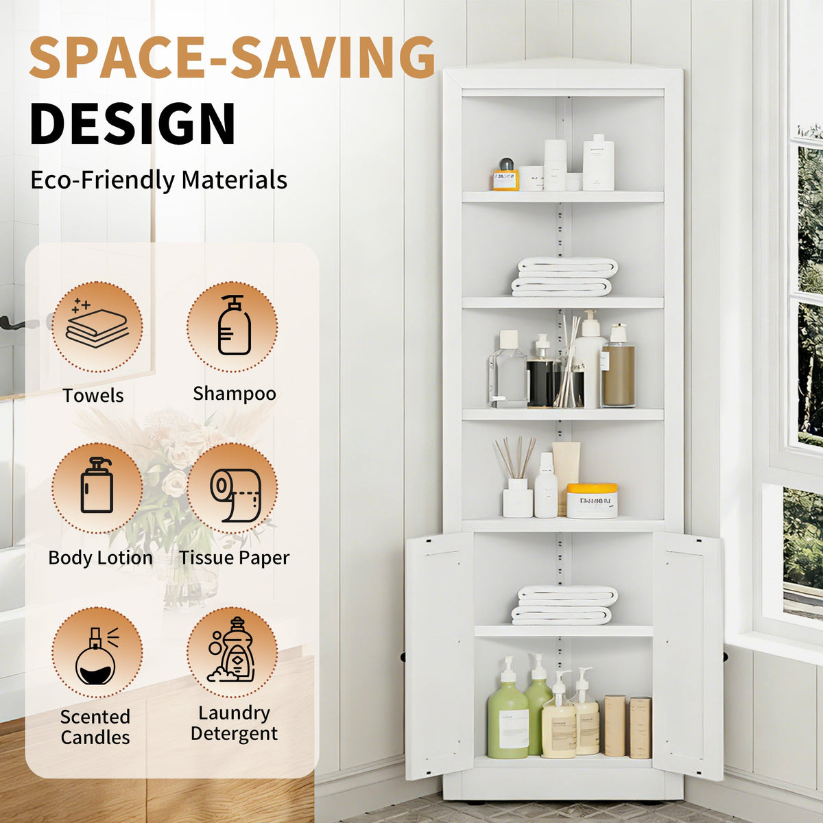 71" Tall Corner Storage Cabinet with 2 Doors and 6-Tier Shelves