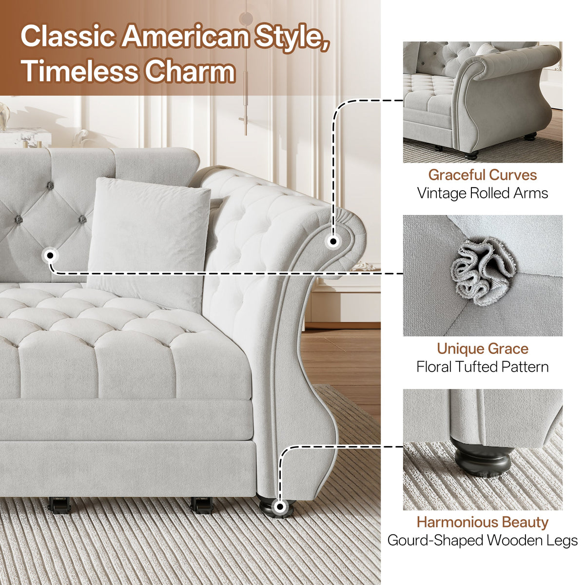 97.6" Oversized Chesterfield Pull Out Sofa Bed