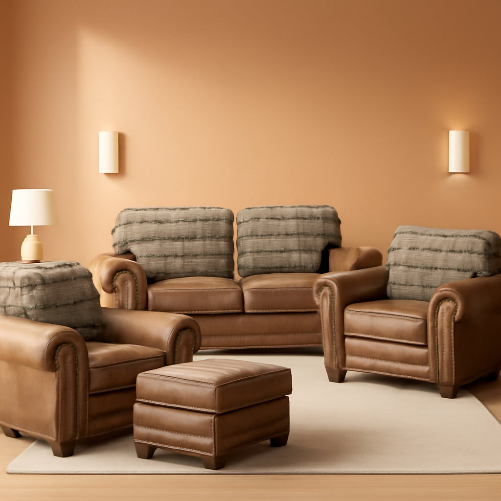 4 Piece Living Room Set Brown Leather Look Microfiber Lodge Style