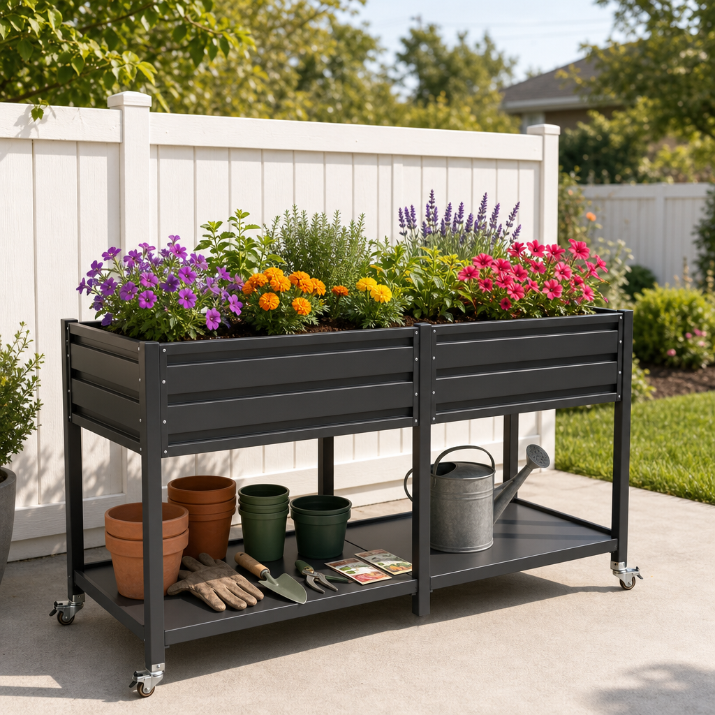 2-Tier Elevated Metal Wicking Garden Bed with Lockable Wheels
