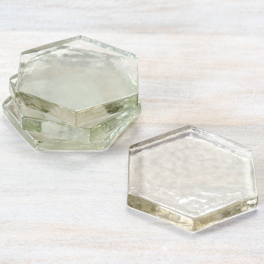 Clear Glass Hexagon Geometric Coasters | Set of 4