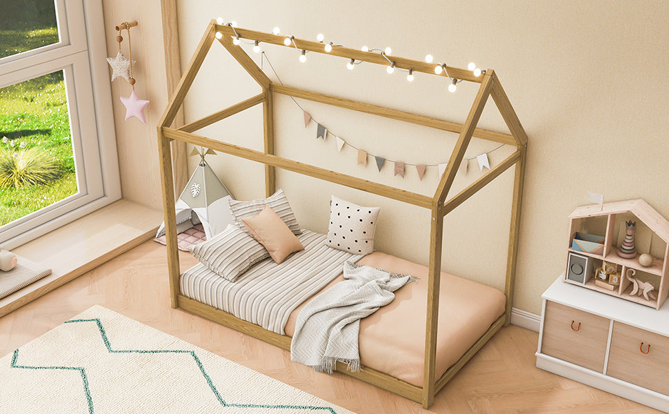 Twin Size Wooden House Bed, Wood Color