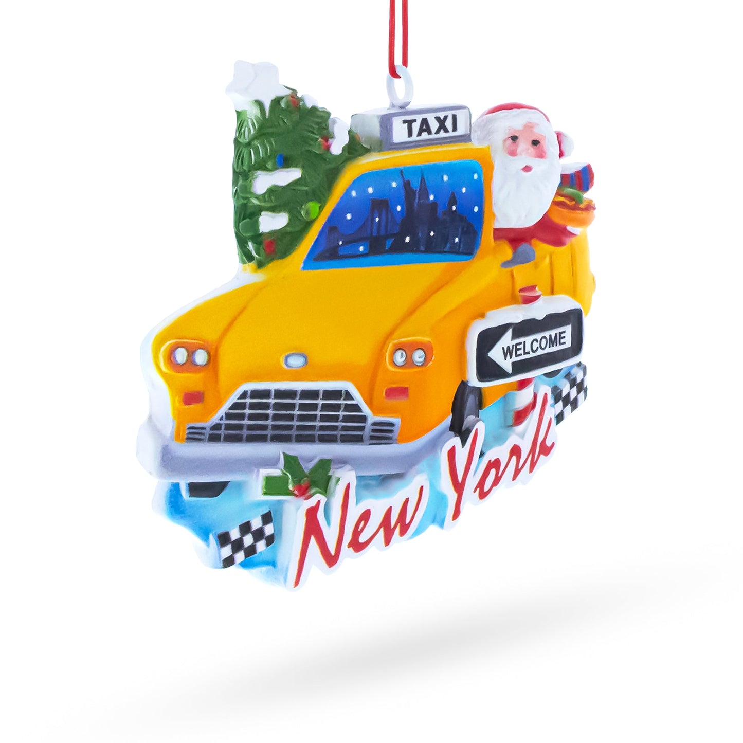 New York Taxi with Santa and Christmas Tree Resin Christmas Ornament