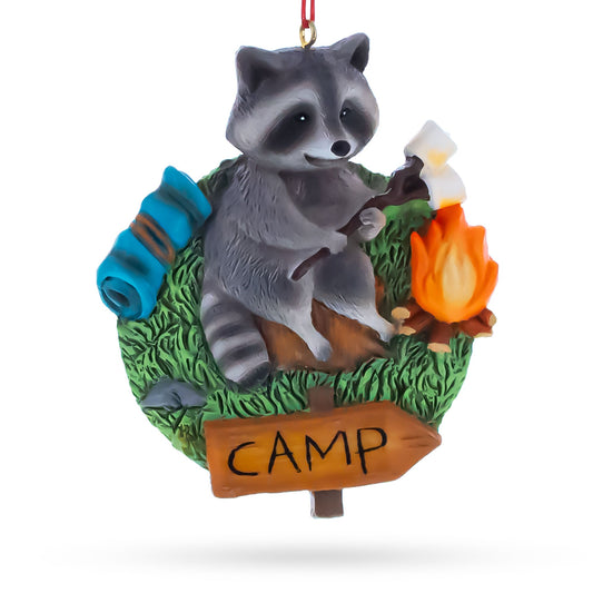 Camping Raccoon with Marshmallow Campfire Resin Christmas Ornament