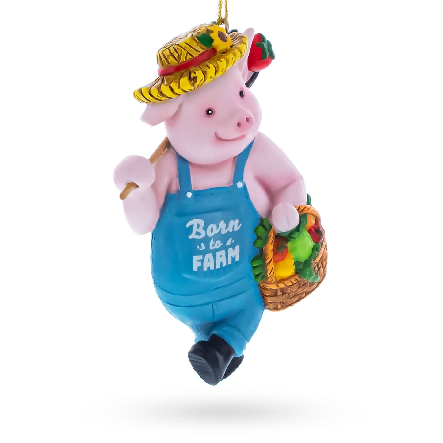 Farmer Pig with Veggie Basket Resin Christmas Ornament