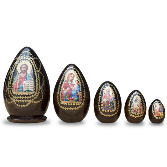 Set of 5 Orthodox Icons Egg Shape Wooden Nesting Dolls 6.5 Inches