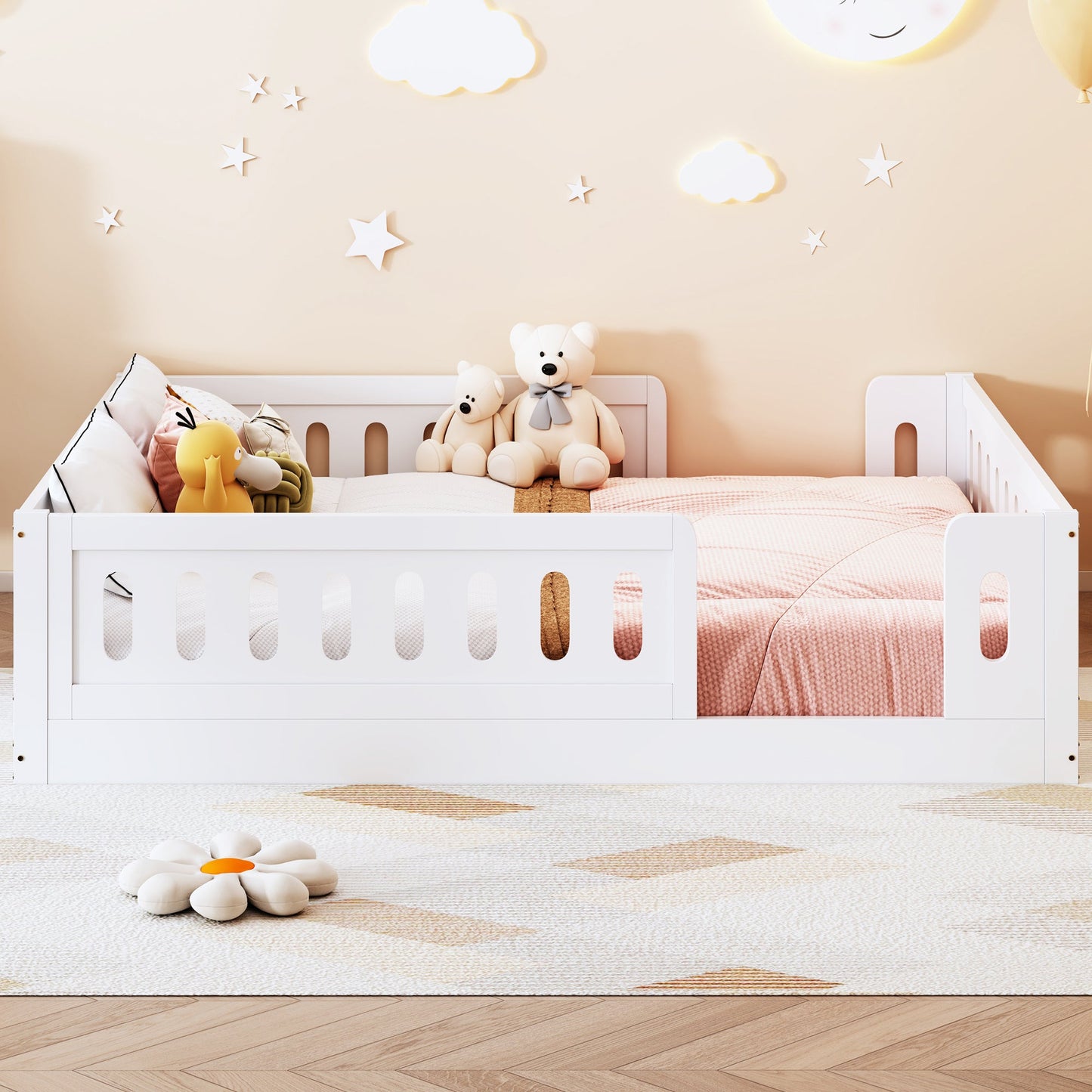 Wood Full Size Platform Bed with Guardrail