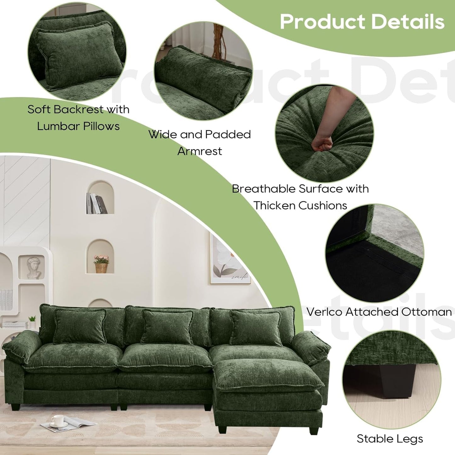 120Inch Green Modular Sectional Sofa Featuring Ottoman
