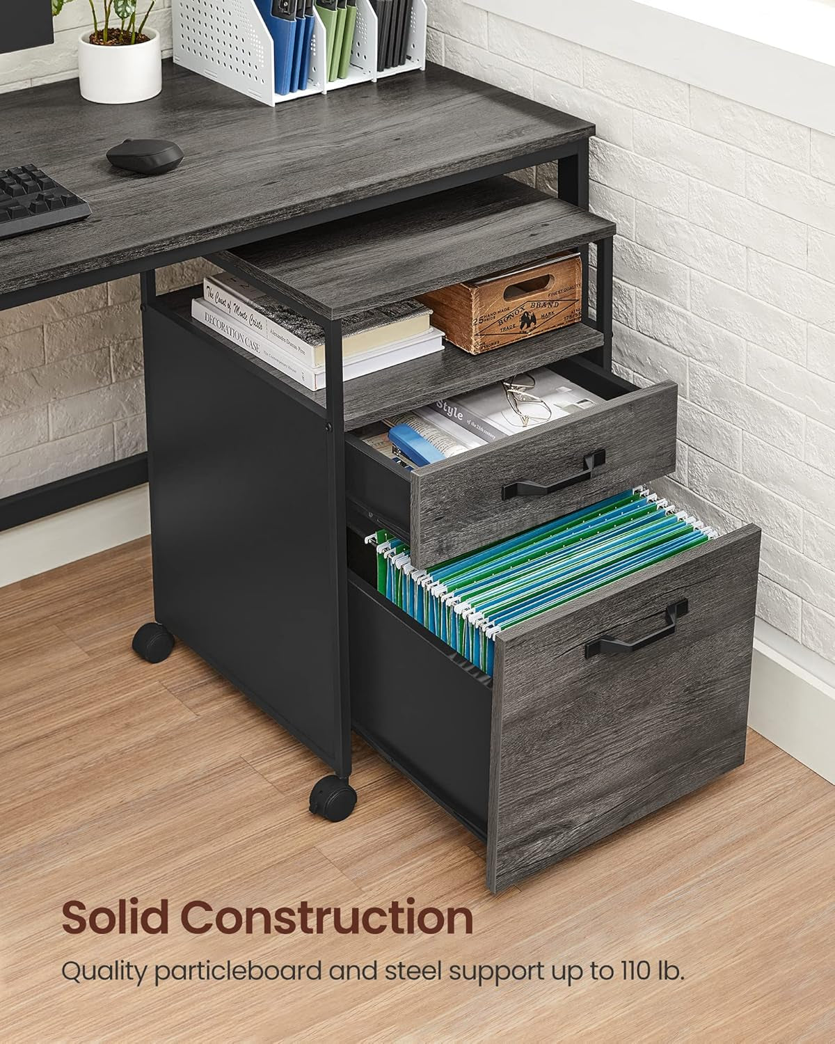 Mobile File Cabinet With Wheels 2 Drawers Open Shelf Charcoal Gray And Ink Black