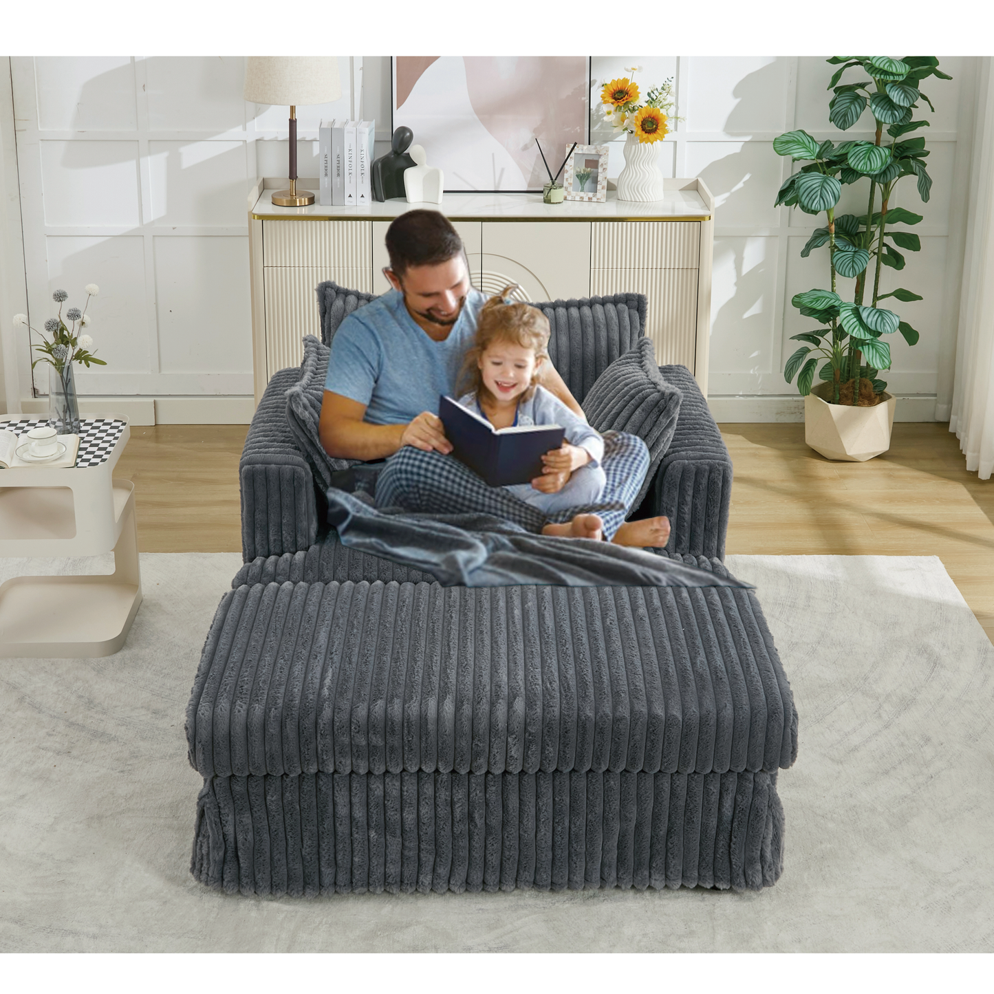 Oversized Corduroy Chaise Lounge with Ottoman in Dark Gray