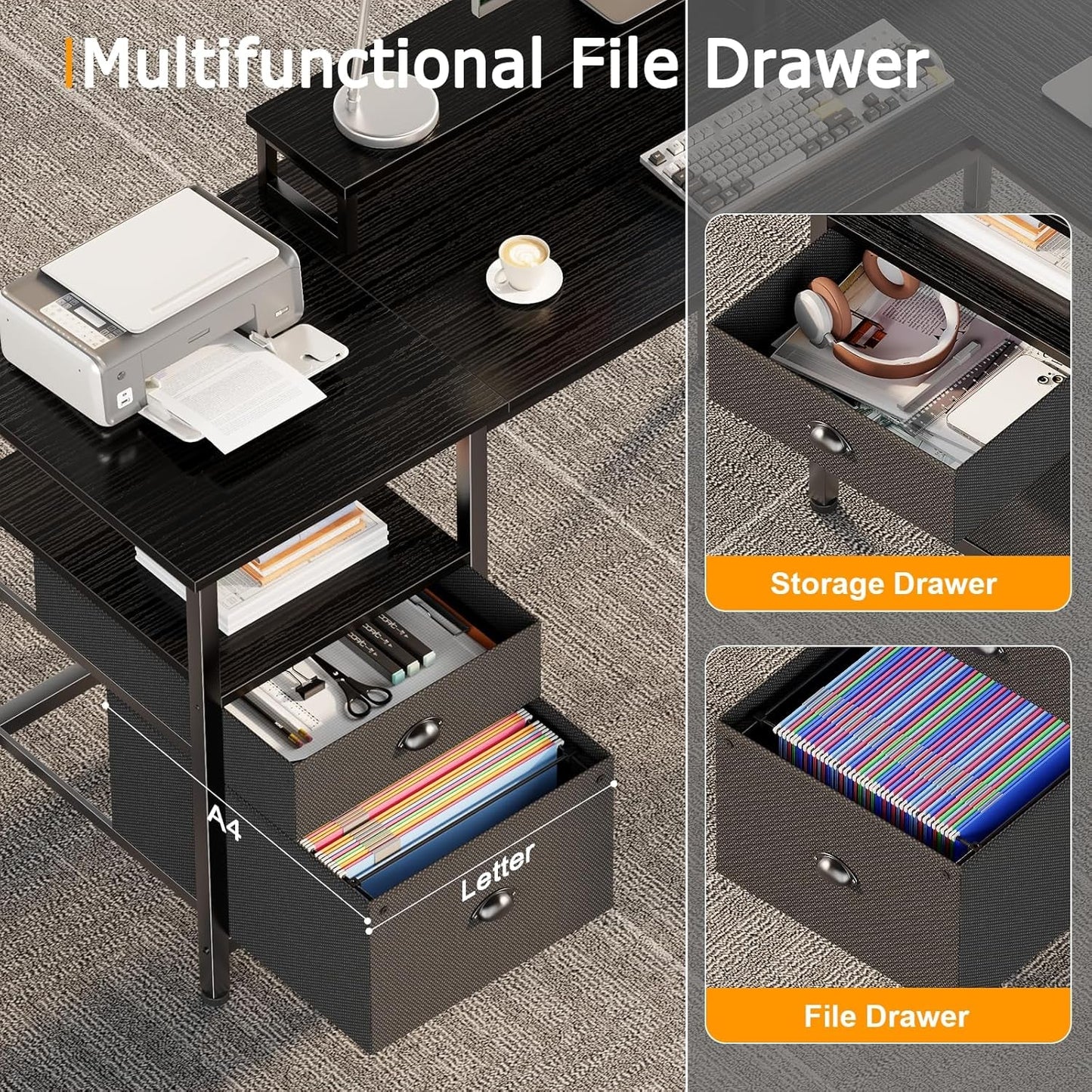 Fifty Nine Inch L Shaped Desk With Black Storage Drawers Unit