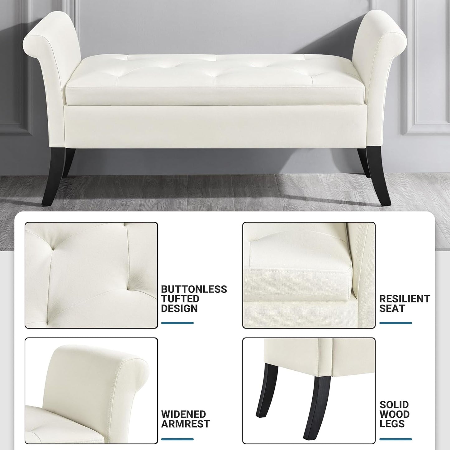 Fifty TwoInches Durable White Upholstered Storage Ottoman Bench