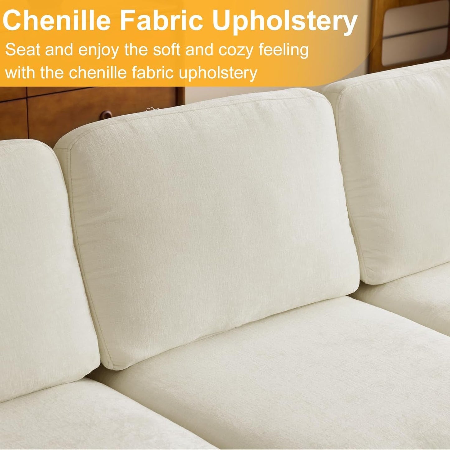 U Shape Sectional Sofa 111 Inch Beige Chenille Convertible