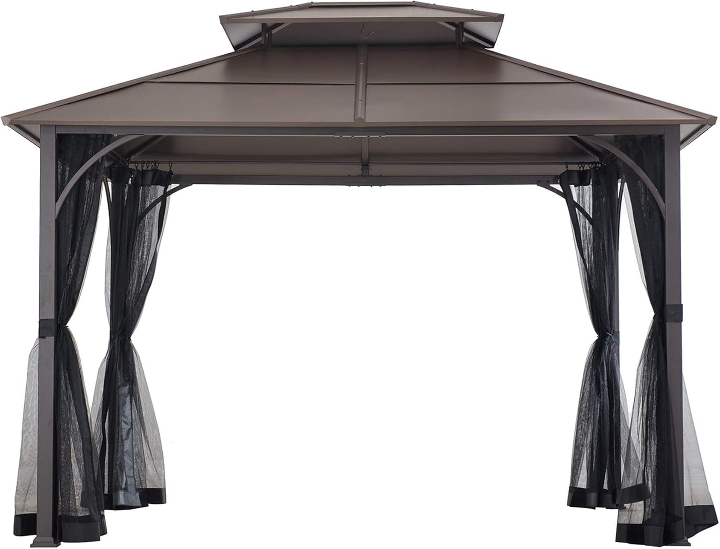 10x12 Brown Hardtop Gazebo With Steel Frame And Netting For Outdoor Patio Garden Canopy Shelter