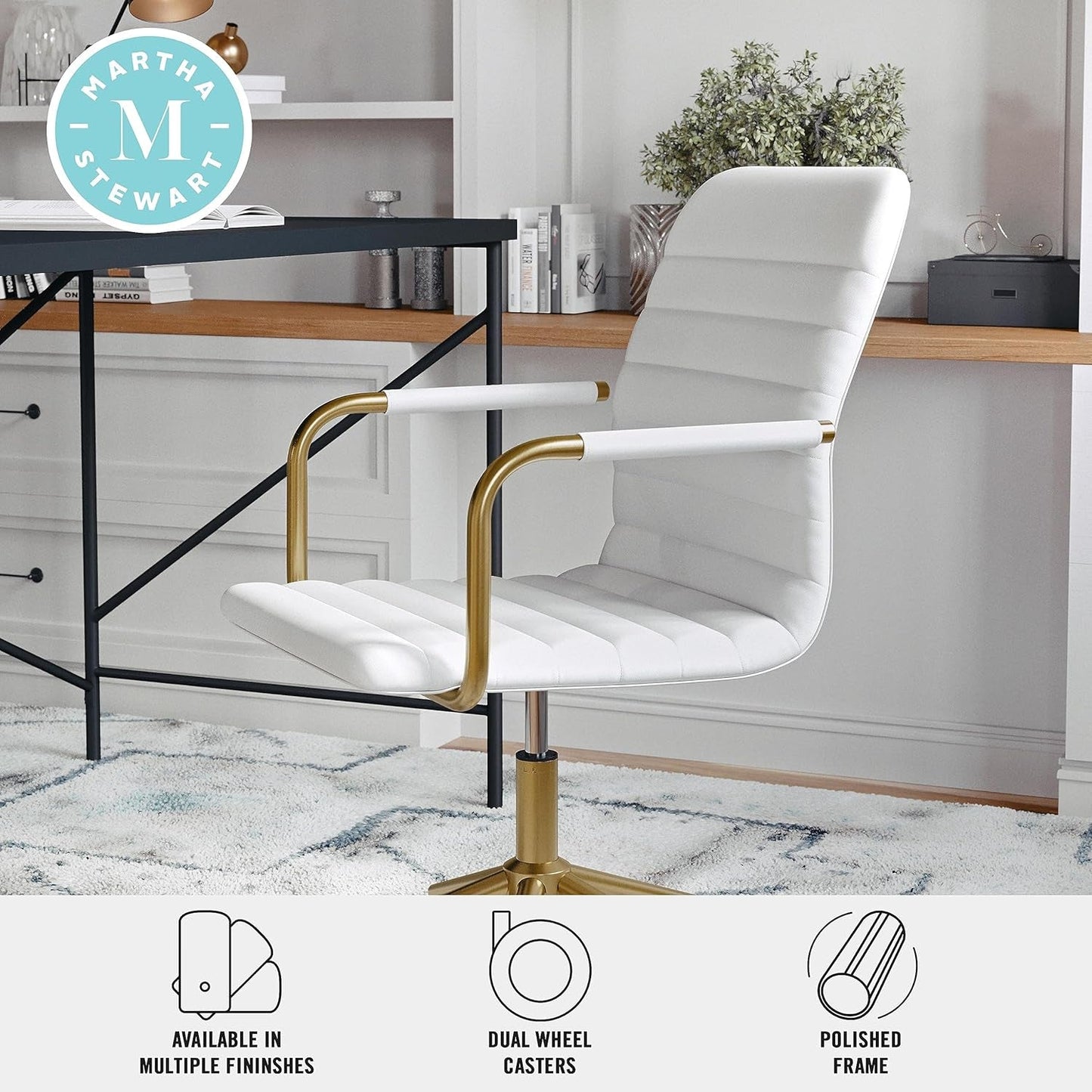 Taytum Swivel Task Chair White Faux Leather Brass Frame