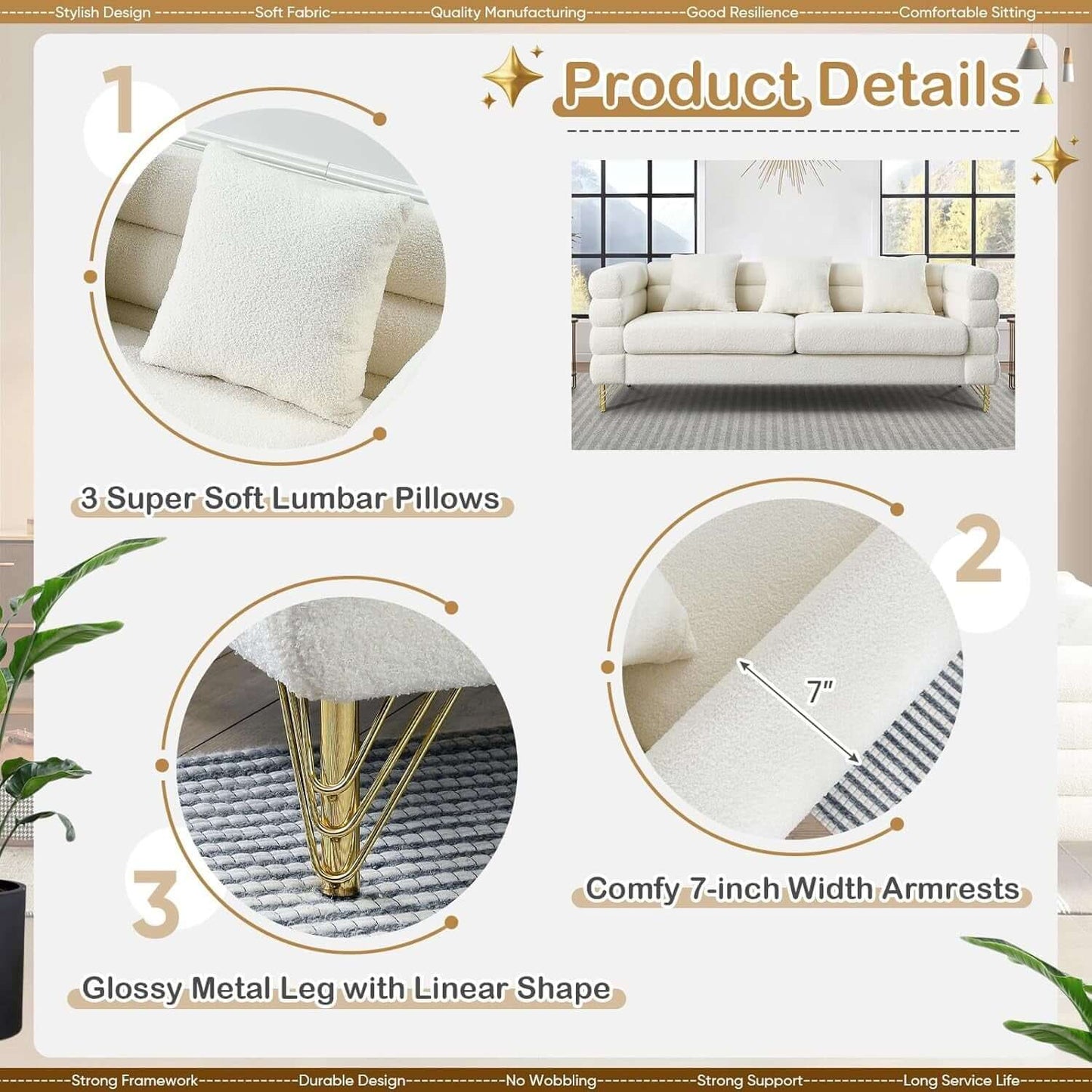 Product details for Two Piece Living Room Sofa Set White, highlighting soft pillows, metal legs, and armrest features.