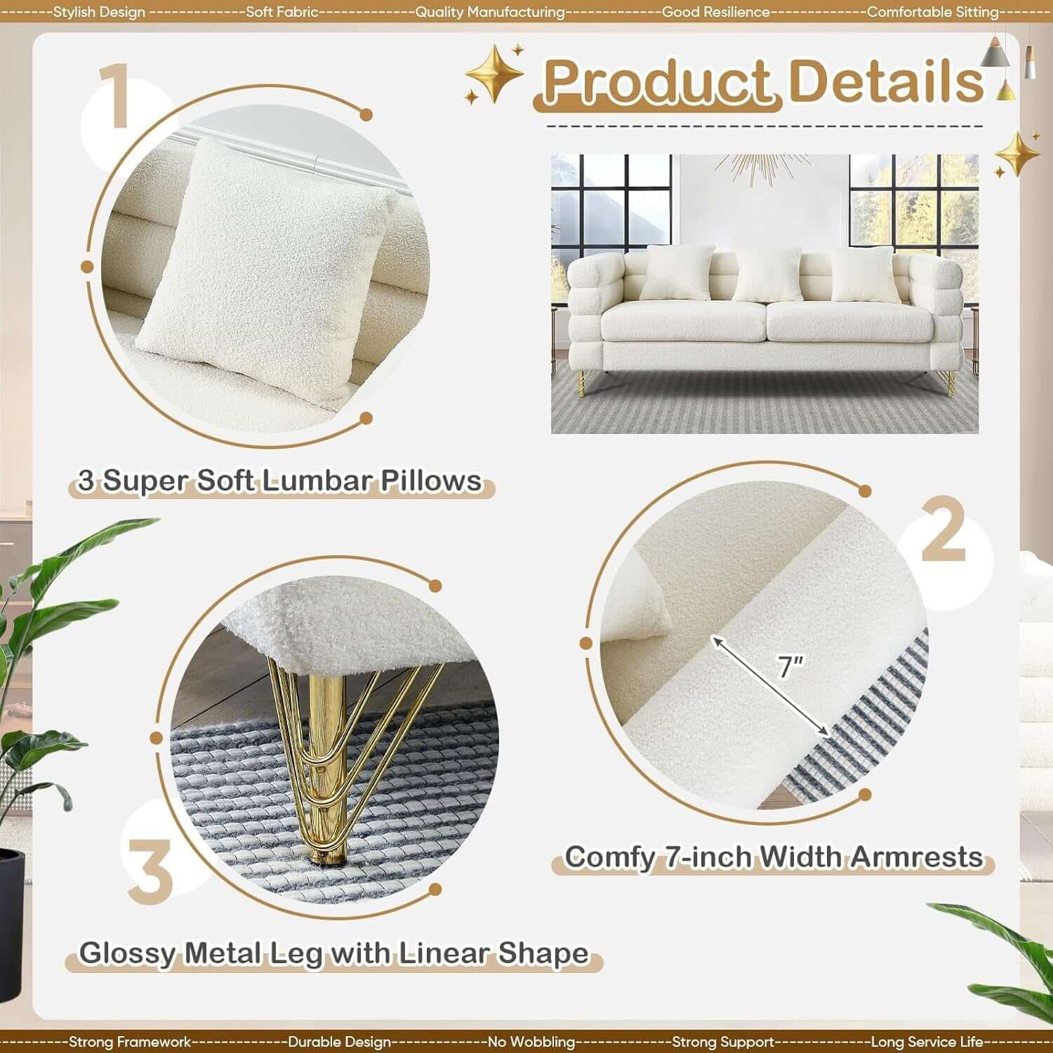 Product details for Two Piece Living Room Sofa Set White, highlighting soft pillows, metal legs, and armrest features.