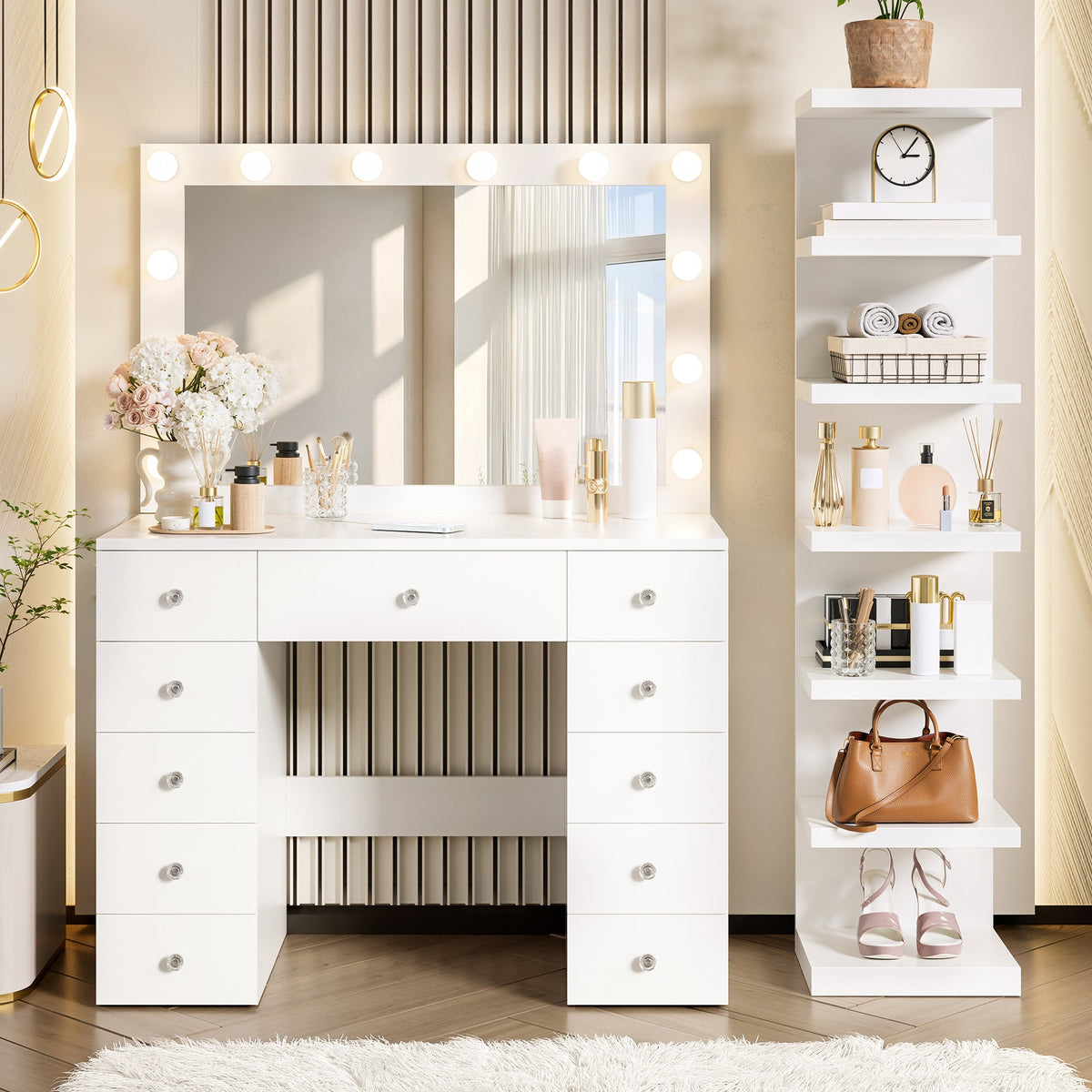 Makeup Vanity Desk with 11 Hollywood Bulbs and 7-Tier Storage Shelves