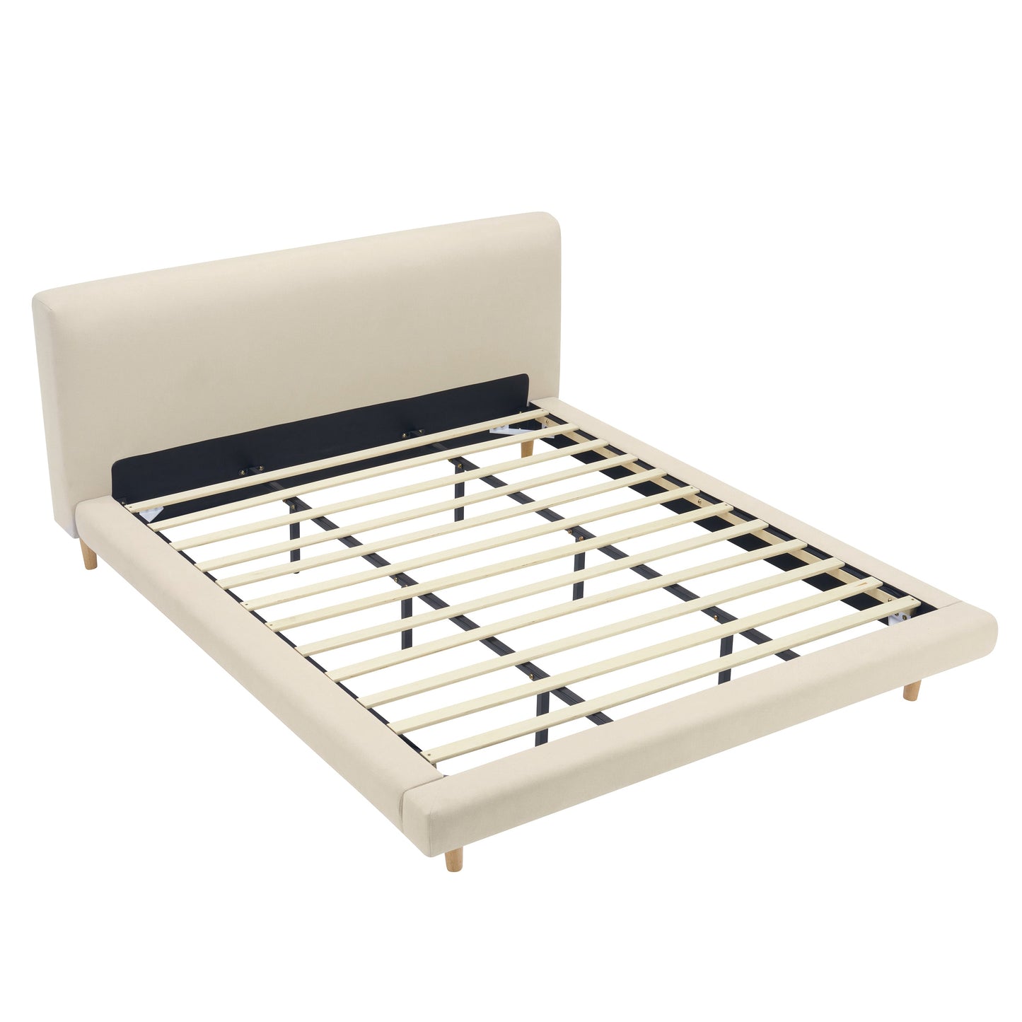 Beige Chunky Headboard Bed Frame, Solid Rubberwood Legs, Cal-King
