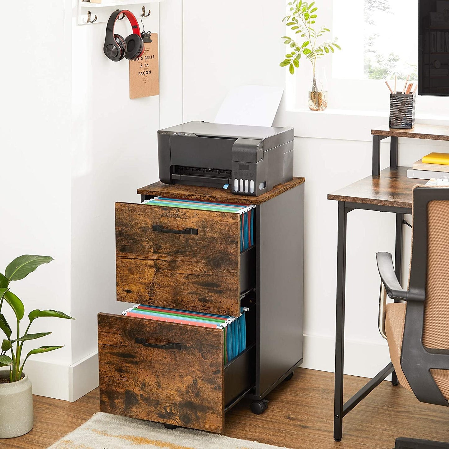 Two Drawer File Cabinet For Home Office Rolling Rustic Brown And Black Fits A4 And Letter Files