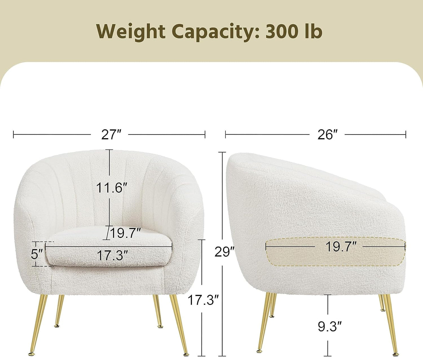 Ivory Boucle Upholstered Accent Chair Removable Cushion