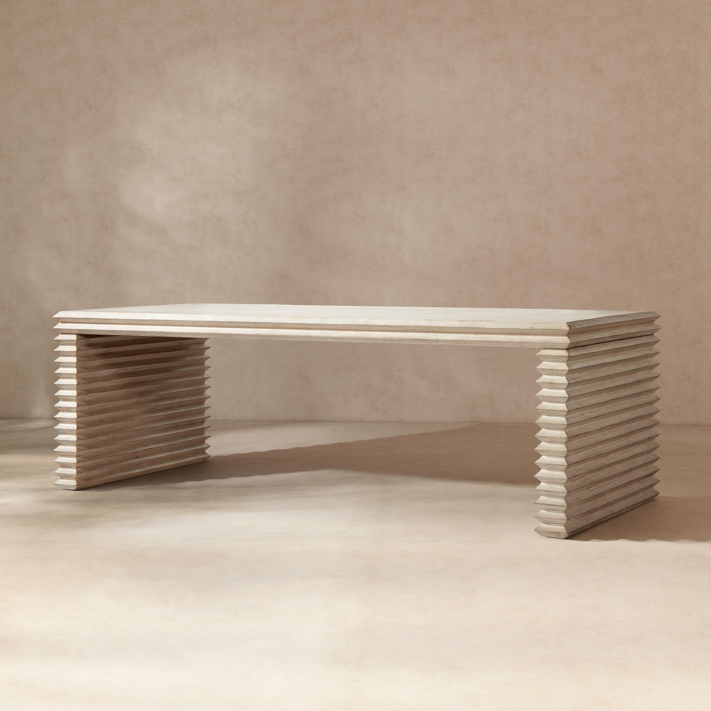 Veda 94' Reclaimed Wood Stacked Geometric Waterfall Dining Table, Seats up to 8, Whitewashed Natural Reclaimed Pine Wood