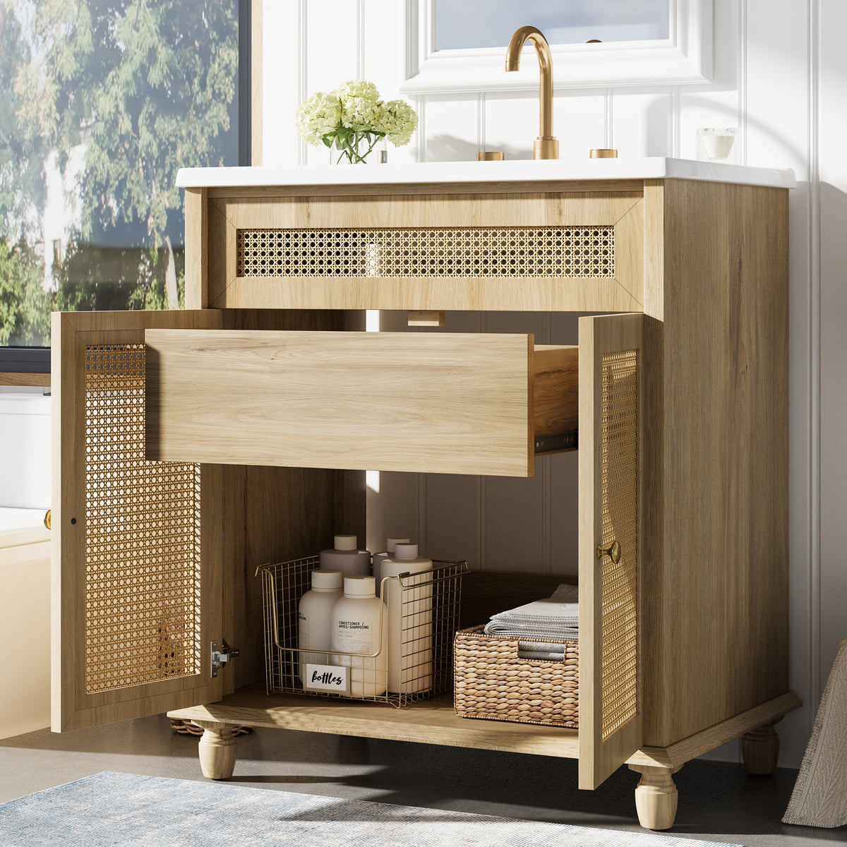 30-Inch Bathroom Vanity: Handwoven Rattan Doors, Solid Wood Legs & Resin Basin
