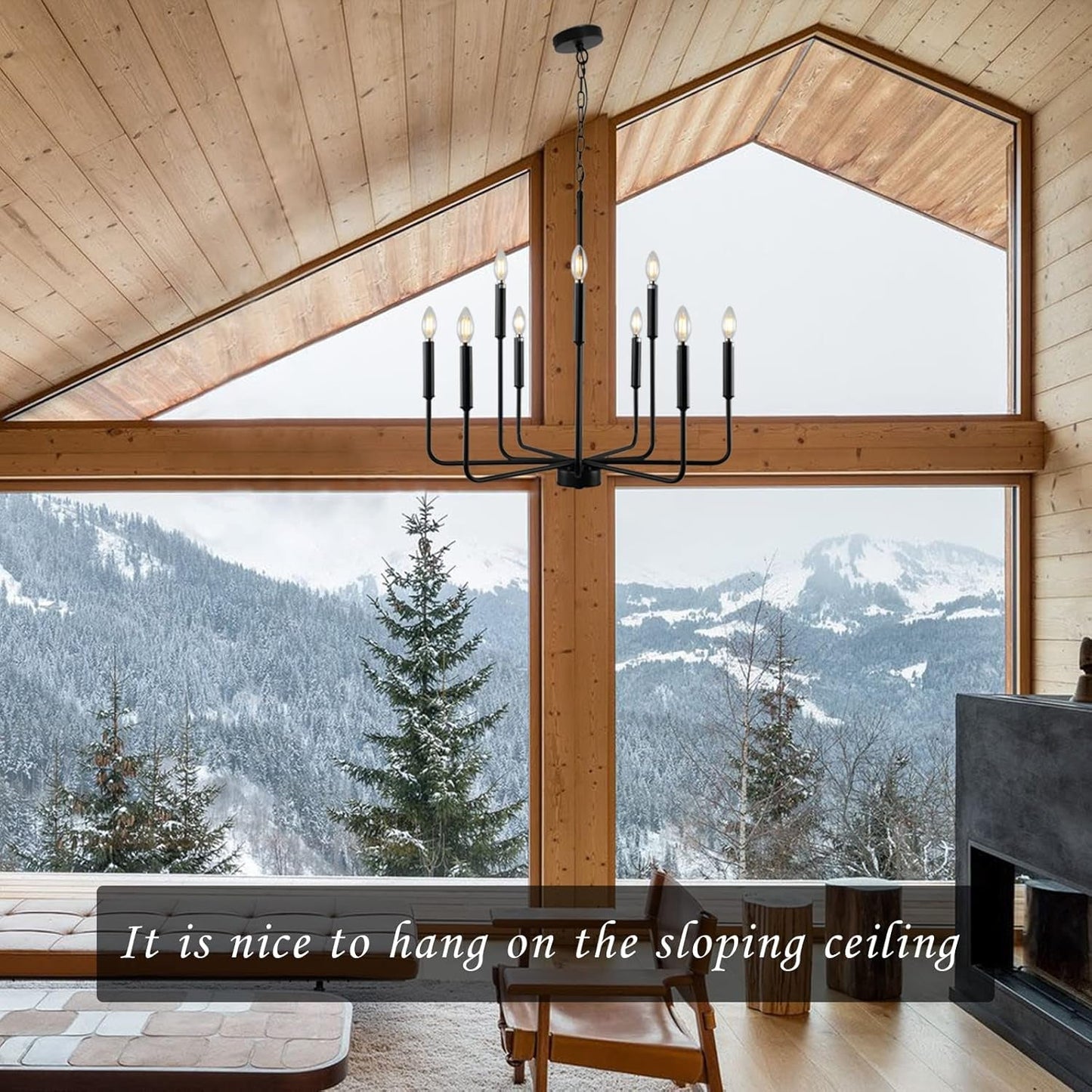 Black Farmhouse Chandelier 9 Light Dining Room Rustic hanging in a sloping ceiling room with mountain views.