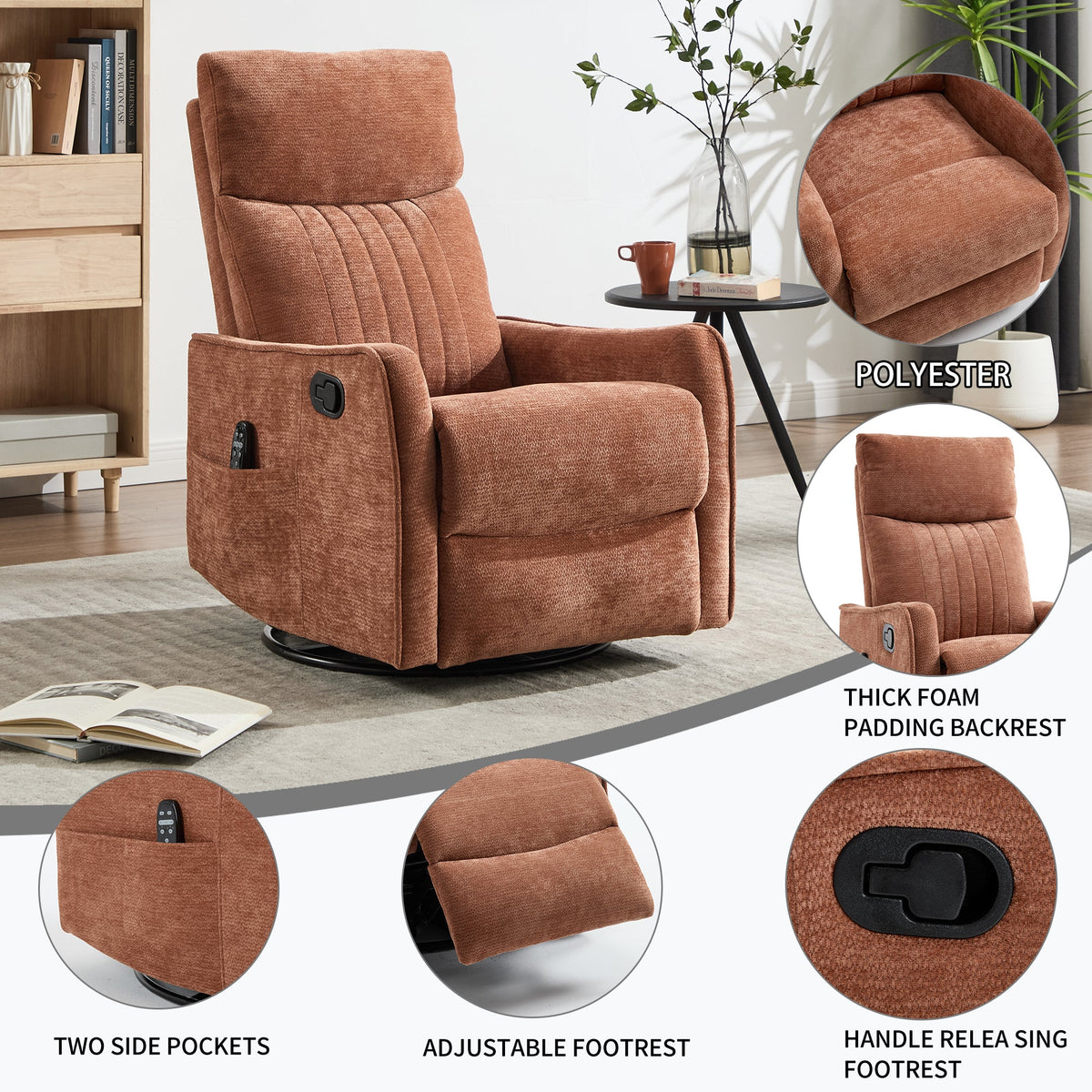 Orange Heat Massage Manual Recliner Chair with Rocker and Swivel in Fabric for Living Room