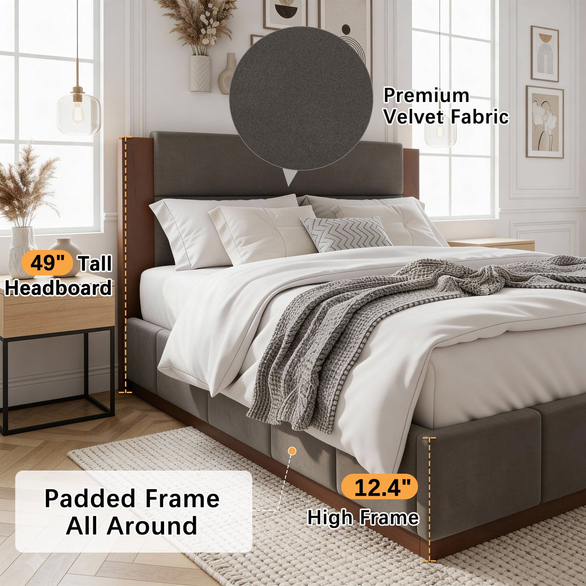 Upholstered Platform Bed Frame with Extended Wood Headboard