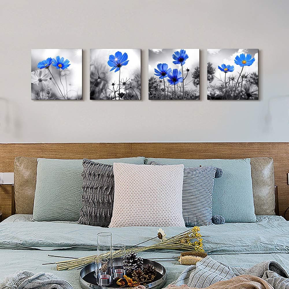 Modern Black and White Plant Art: 4-Panel Floral Canvas for Chic Living Room Decor