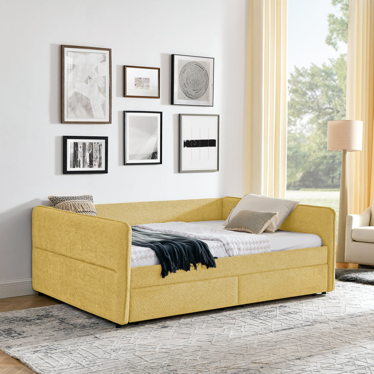 Queen Size Daybed with Two Drawers Upholstered Tufted Sofa Bed