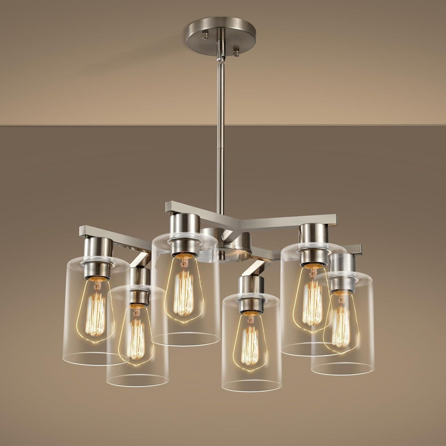 6 Light Farmhouse Brushed Nickel Pendant Chandelier