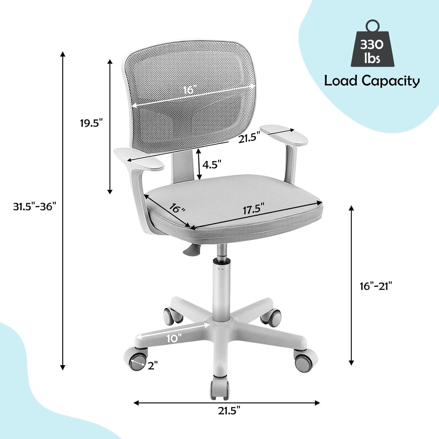 Kids Desk Chair Ergonomic Swivel With Lumbar Support And Breathable Mesh