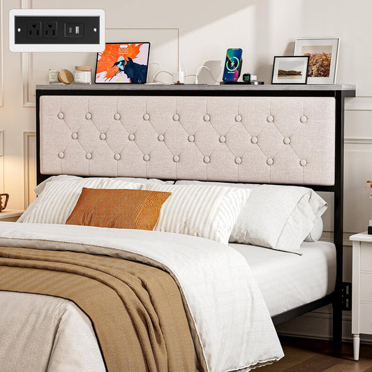 Queen Size Upholstered Headboard with Storage and Charging