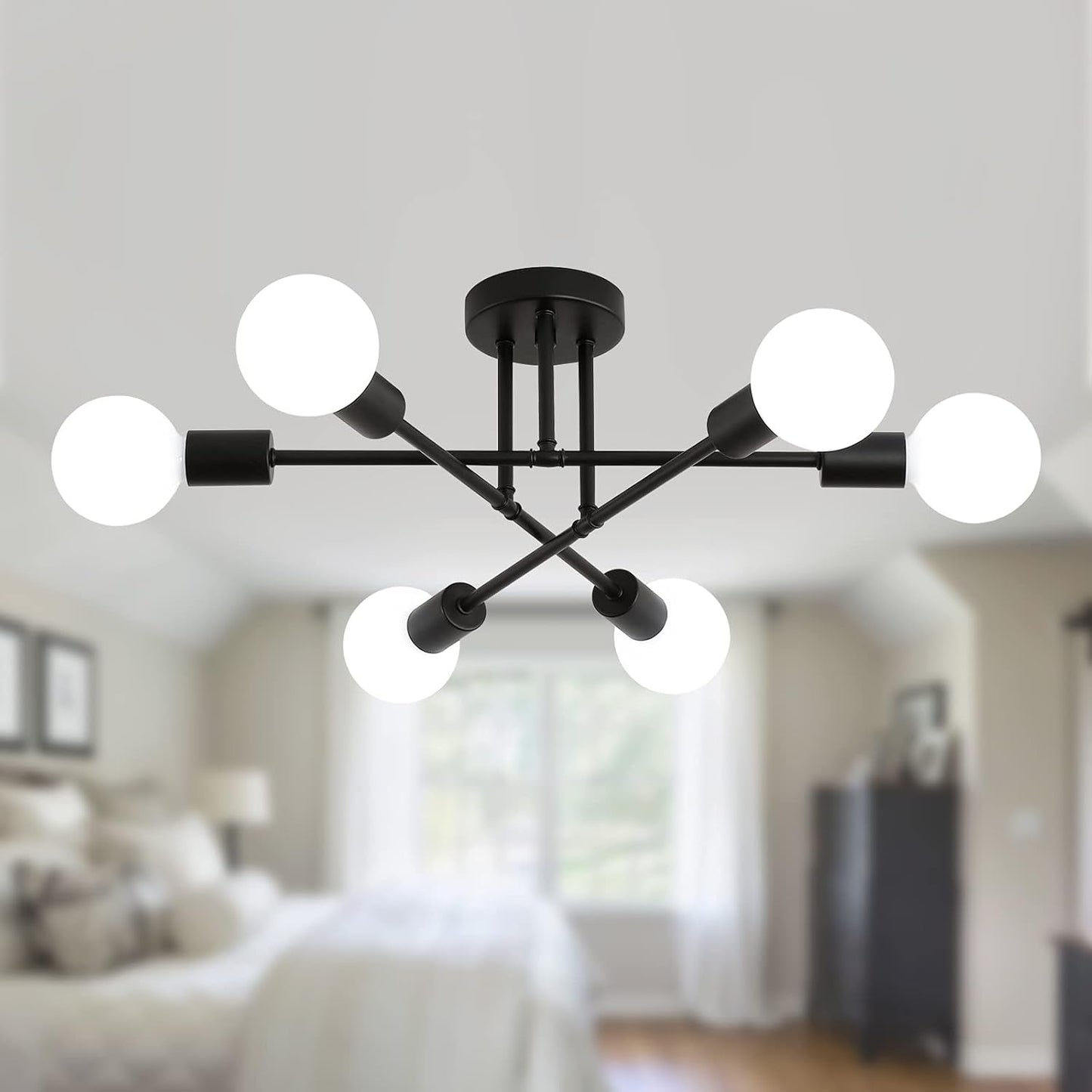 Modern ceiling light fixture with six white bulbs in a bedroom setting.