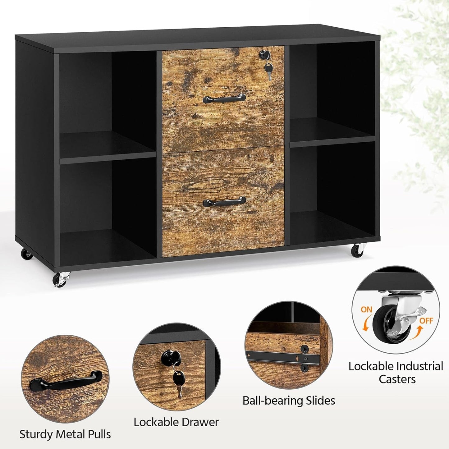 Lateral Filing Cabinet 2 Drawers 4 Open Compartments Black