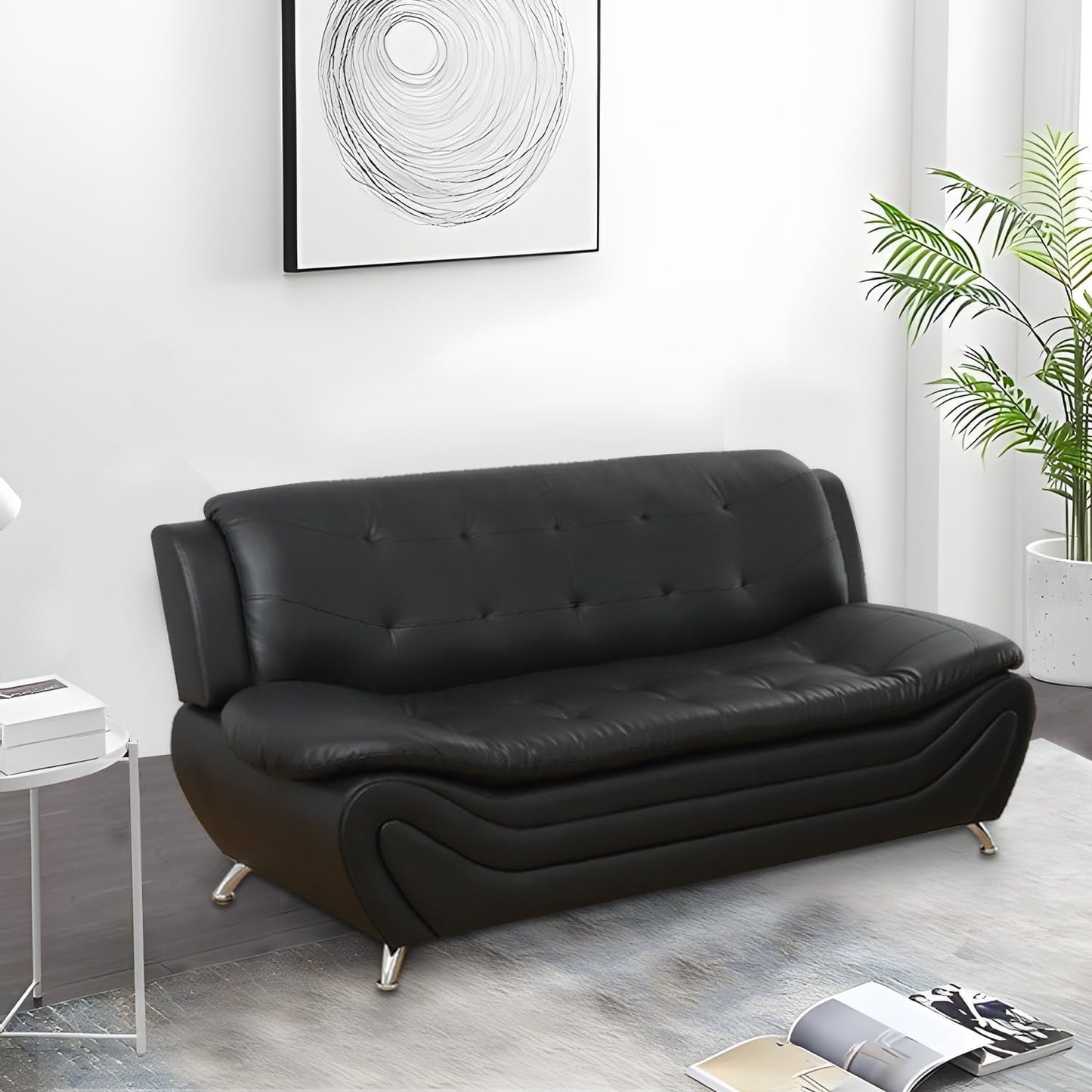 3 Piece Faux Leather Sofa Set For Living Room Black 3 Seater Sofa Loveseat Armchair