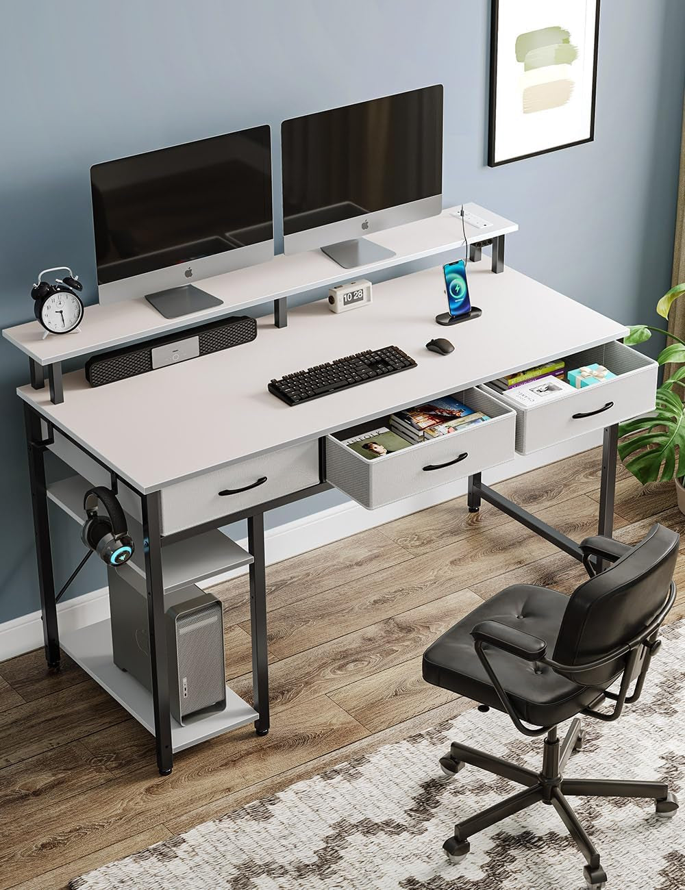 47 Inch White Computer Desk With Power Outlets And LED