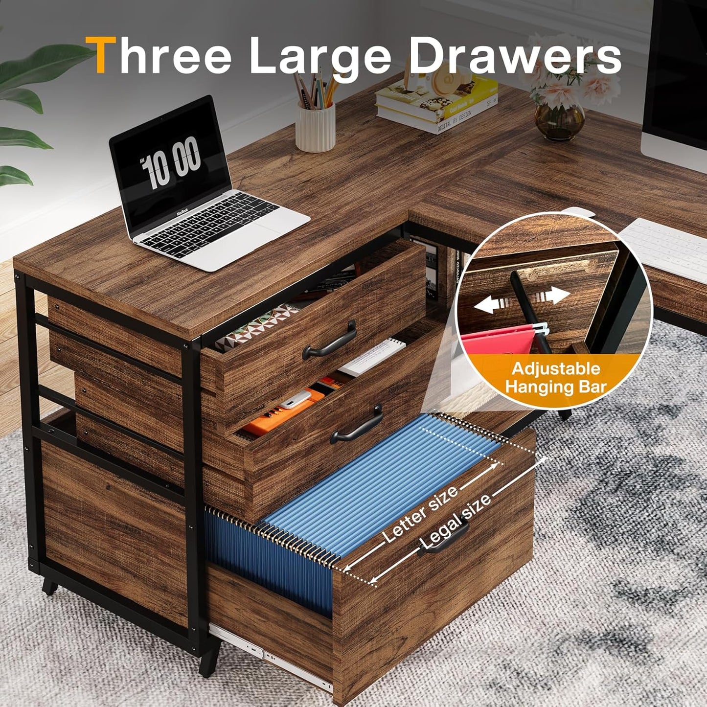 53" Reversible L-Shaped Computer Desk with 3 Drawers