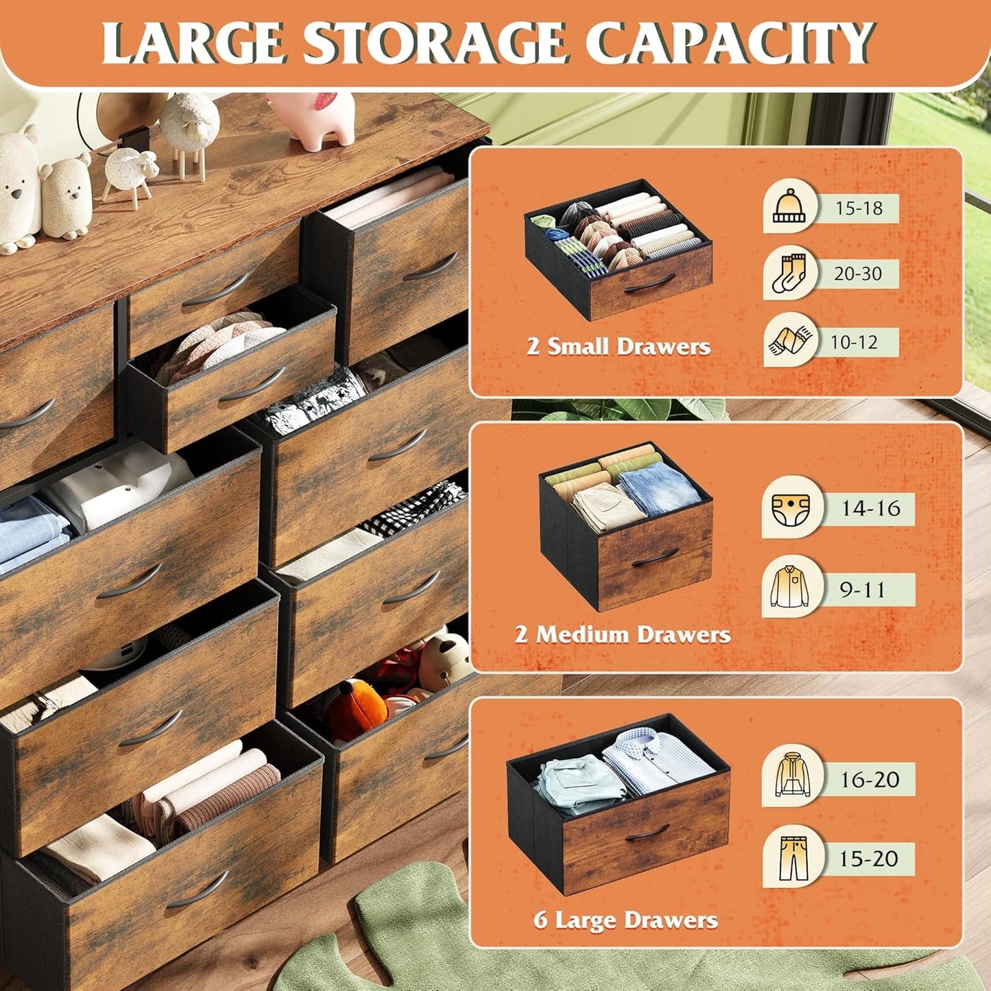 Dresser With 10 Drawers In Rustic Brown Wood Grain Finish