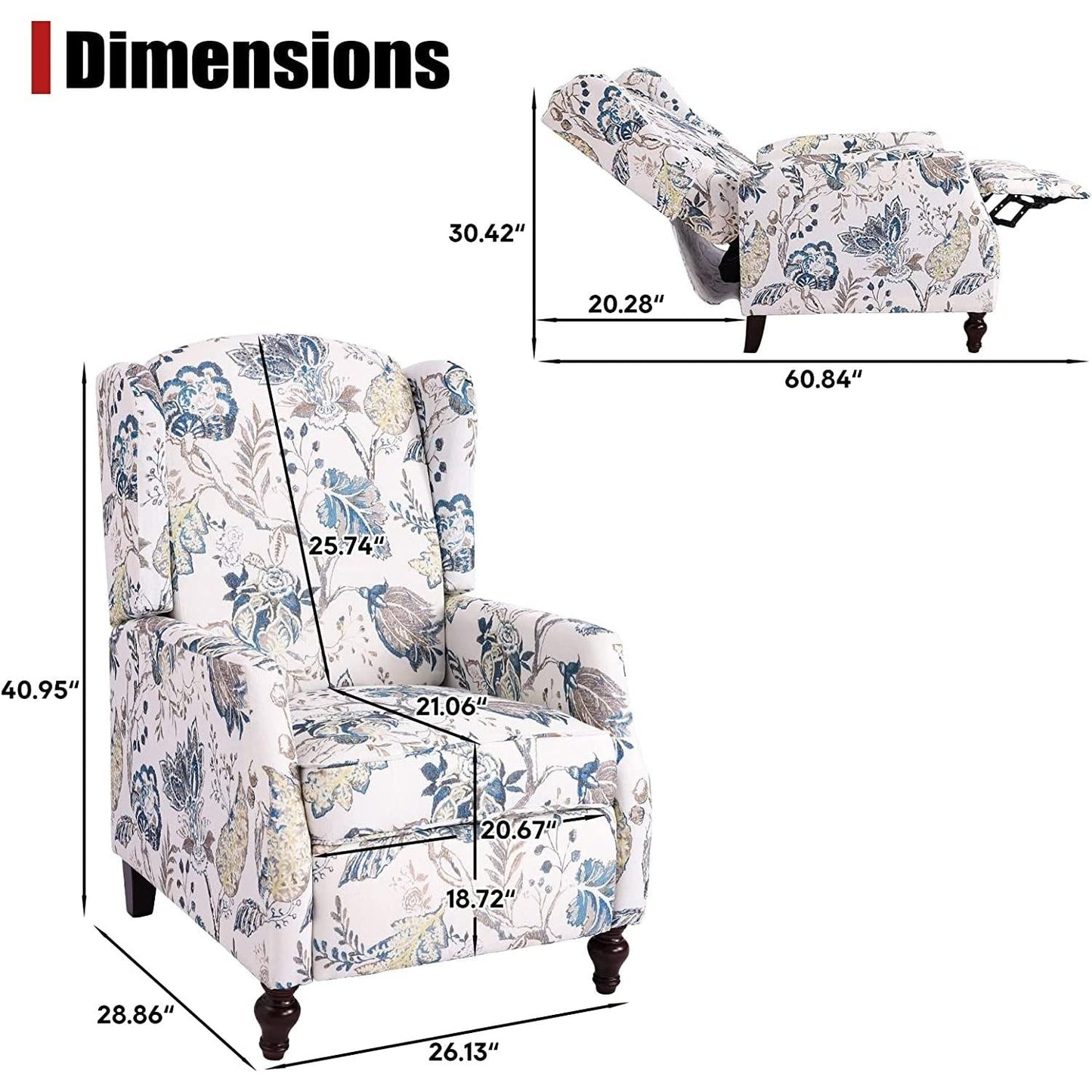 Upholstered Wingback Recliner Chair Blue Floral Elegant