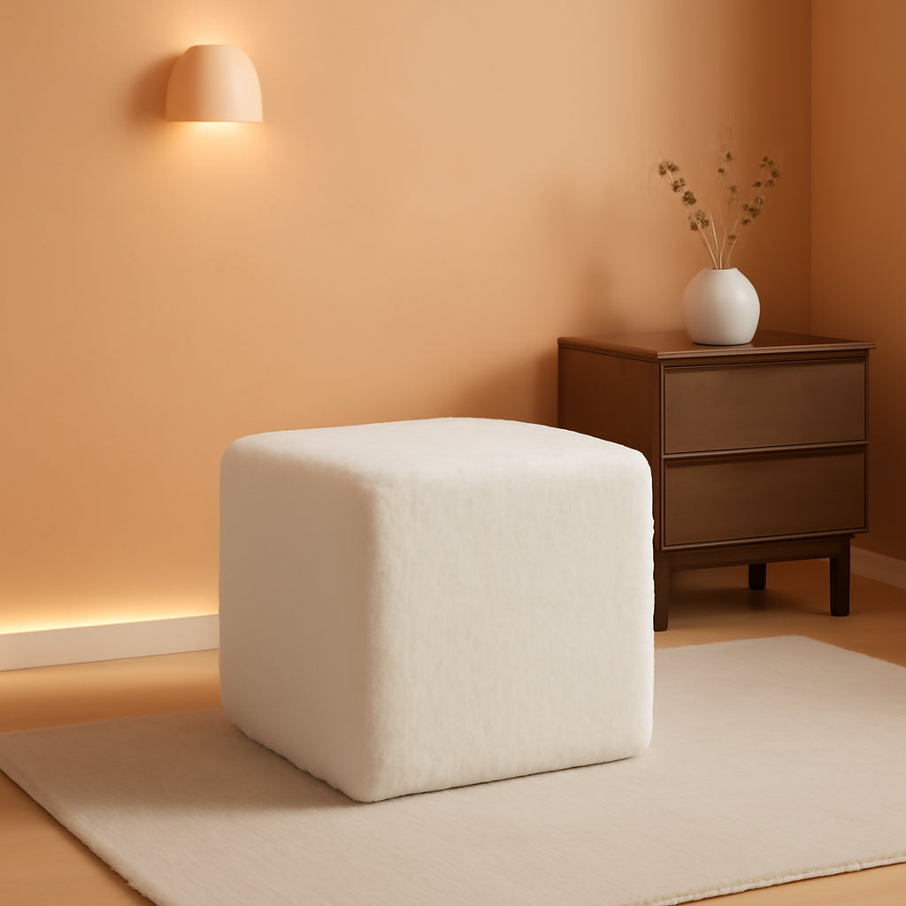 Cream Square Luxurious Upholstered Foam Pouf Ottoman