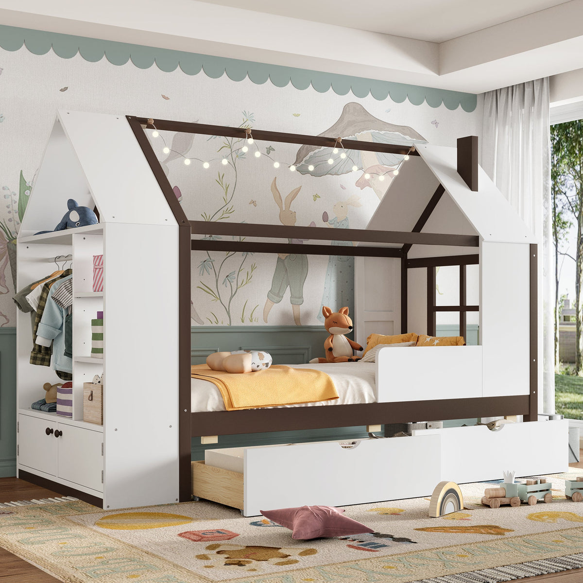 Twin Size House Platform Bed with Drawers and Shelves