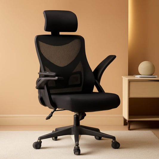Black Ergonomic Office Chair With Adjustable Headrest And Flip Up Armrests