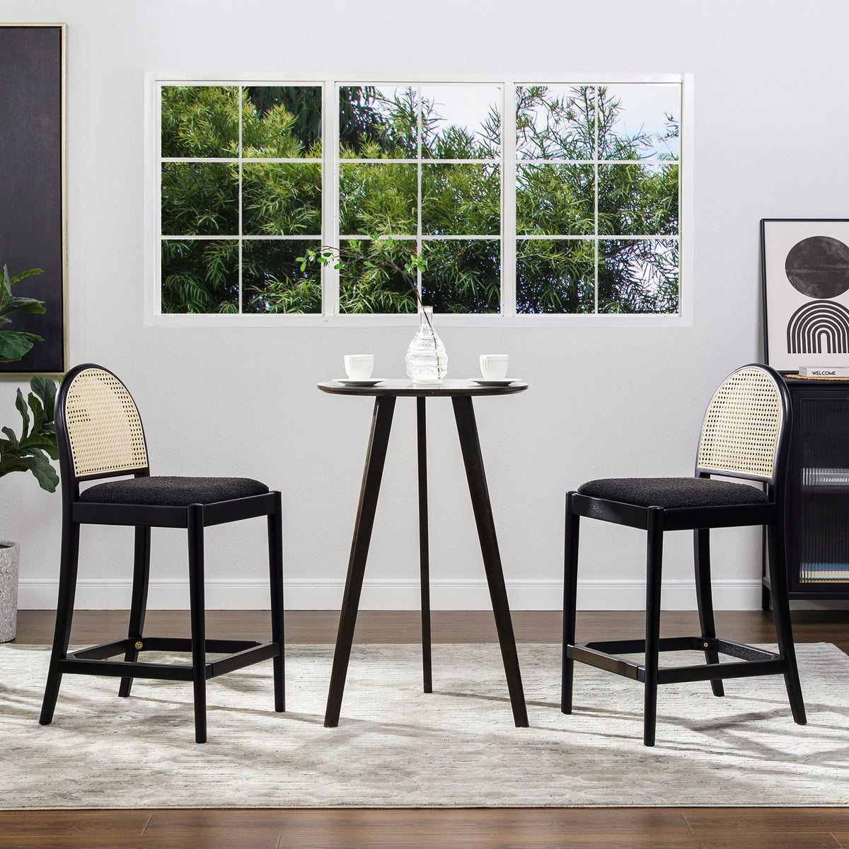 Panama 26.5" Curved Back Cane Rattan Counter Stool, Set of 2, Ebony